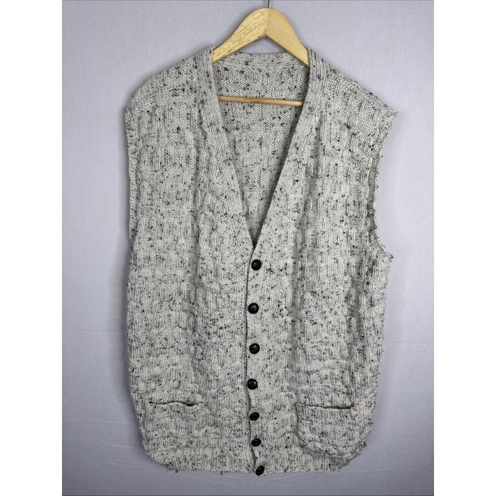 Vintage Hand-Knit Speckled Wool Button Front Sweater‎ Vest Beige Men’s XL